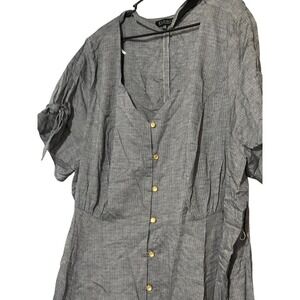 Eloquii Plus Size 28 Grey Button Front Midi Dress Short Sleeve Tie Cuff V-Neck